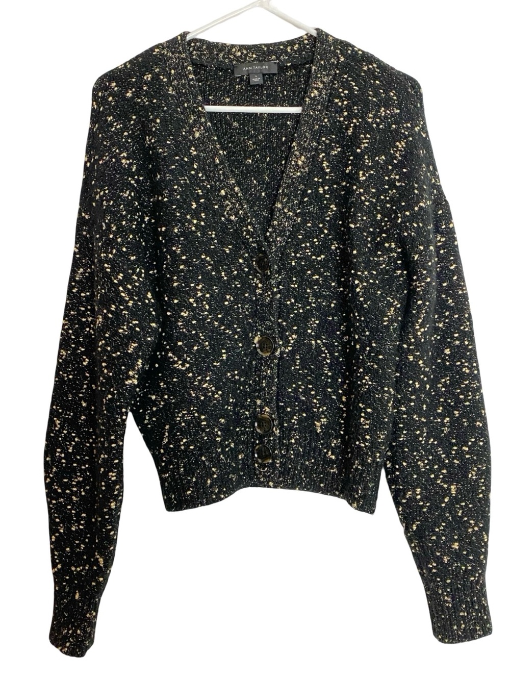 Ann Taylor Cardigan Sweater Womens Size Small Black Gold Metallic Dressy